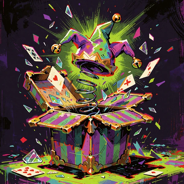 Stribet jack-in-the-box skyder en narrehat med bj&aelig;lder op - illustration af ugens nye spil