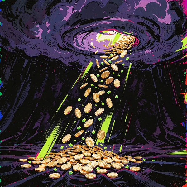 Violet stormsky lader guldm&oslash;nter og gr&oslash;nne &aelig;delsten regne ned - illustration af Drops & Wins-kampagner