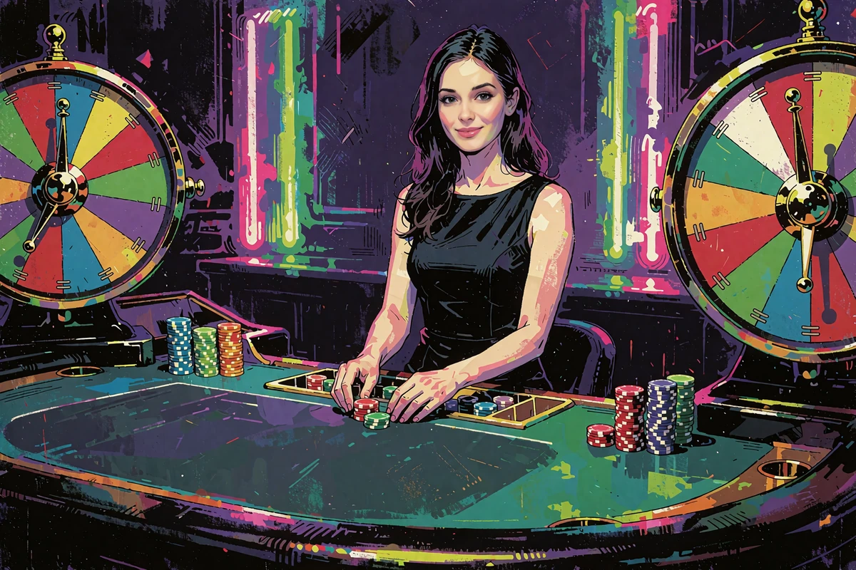 Livedealer ved et gr&oslash;nt filtbord mellem to pengehjul i et neonbelyst studie - live casino hos Jokery