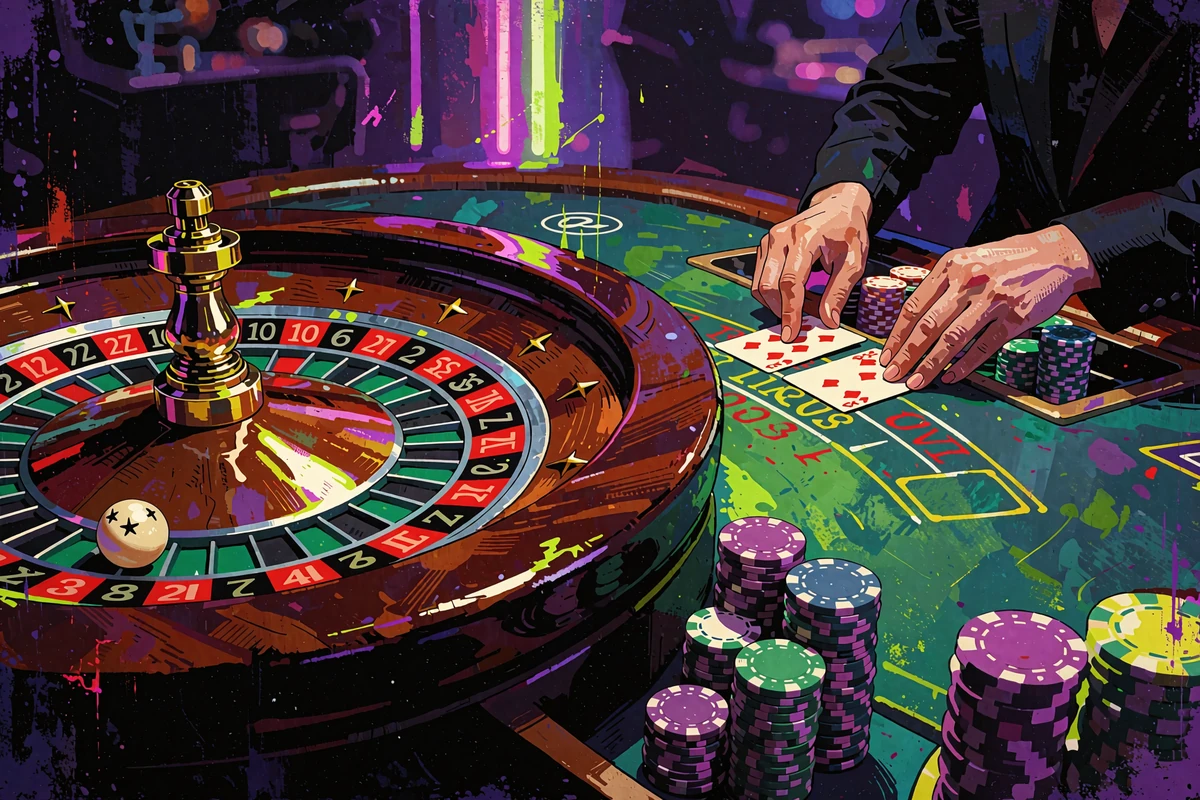 Roulettehjul og dealerh&aelig;nder med kort ved et gr&oslash;nt blackjackbord i et neonbelyst live casino-studie