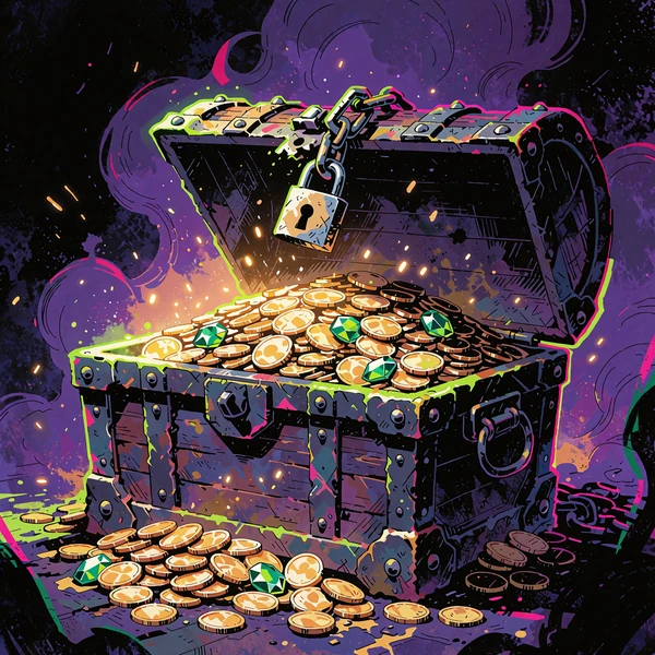 &Aring;ben skattekiste fyldt med guldm&oslash;nter og smaragder - illustration af jackpot-lobbyen hos Jokery Casino