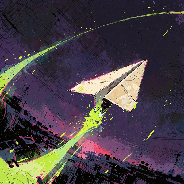Lysende papirfly stiger stejlt med et gr&oslash;nt lysspor - illustration af crash spil som Aviator