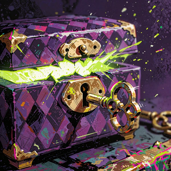 Gylden n&oslash;gle &aring;bner en lilla harlekin-&aelig;ske med gr&oslash;nt lys - illustration af Bonus Buy-slots
